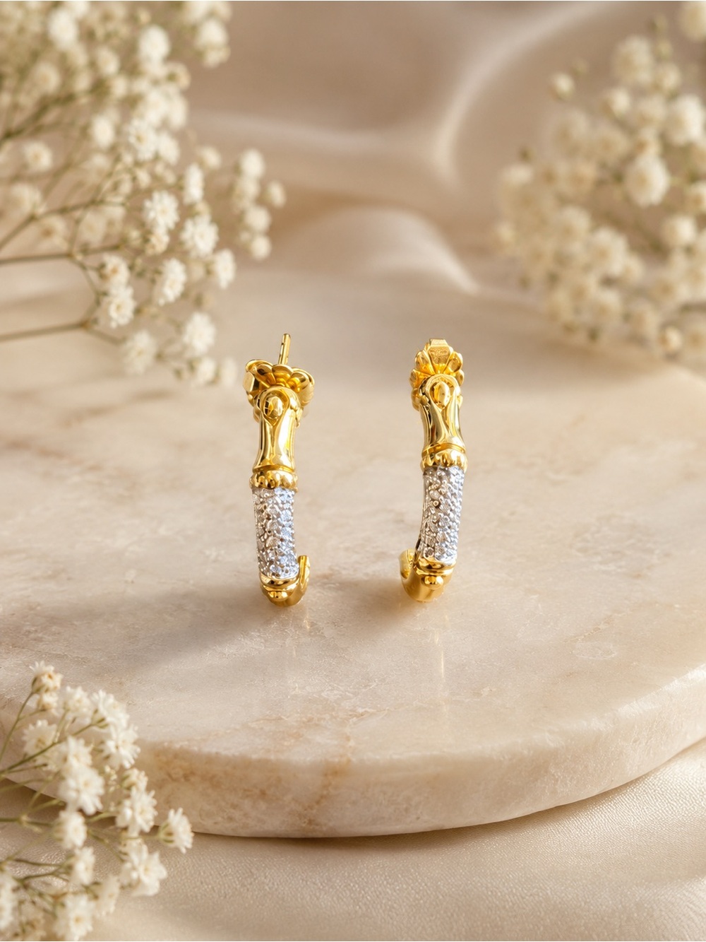 Gold and White Pavé Hoop Earrings - Women Jewelry